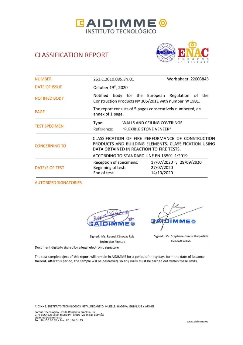 First page of Fire Safety Test Report