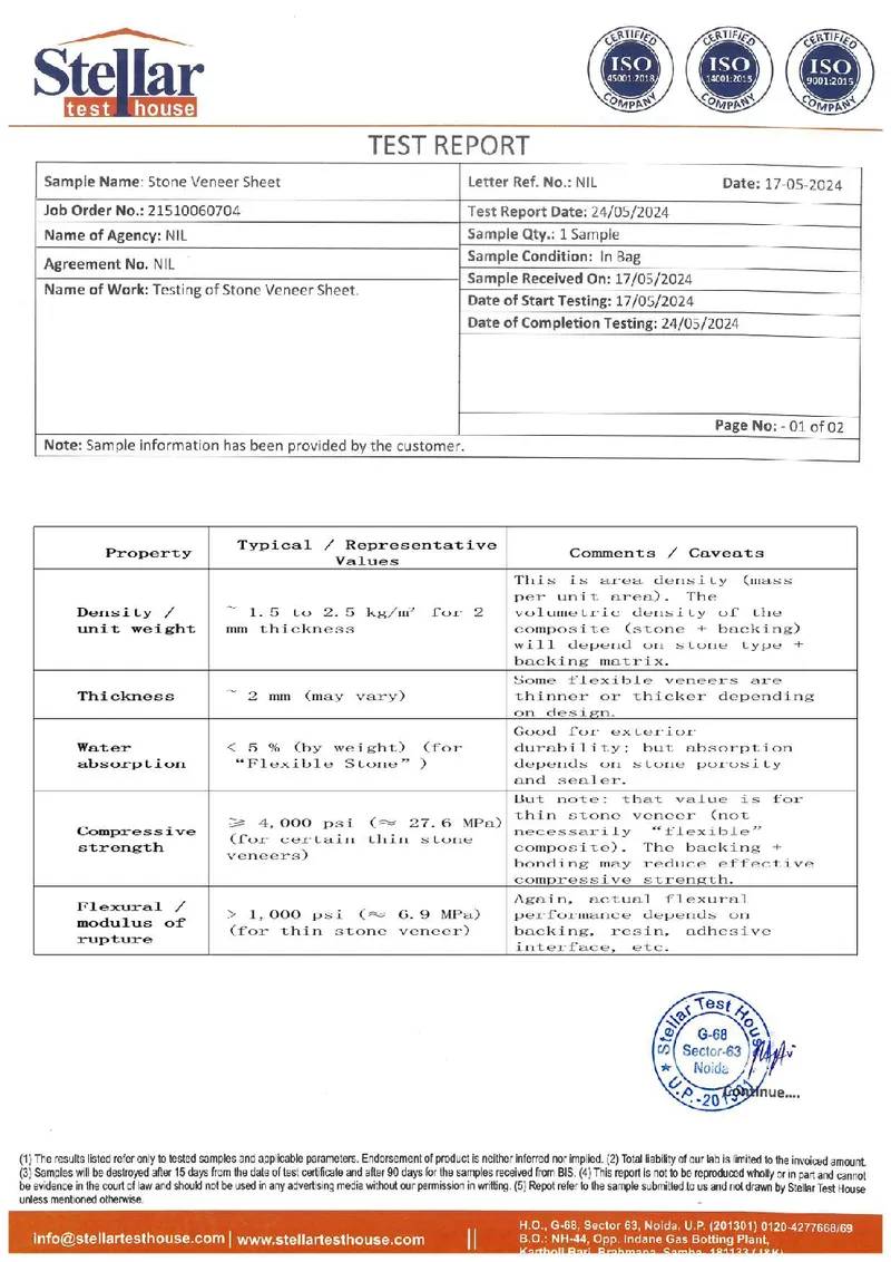 First page of Material Test Report — Veneer Sheet