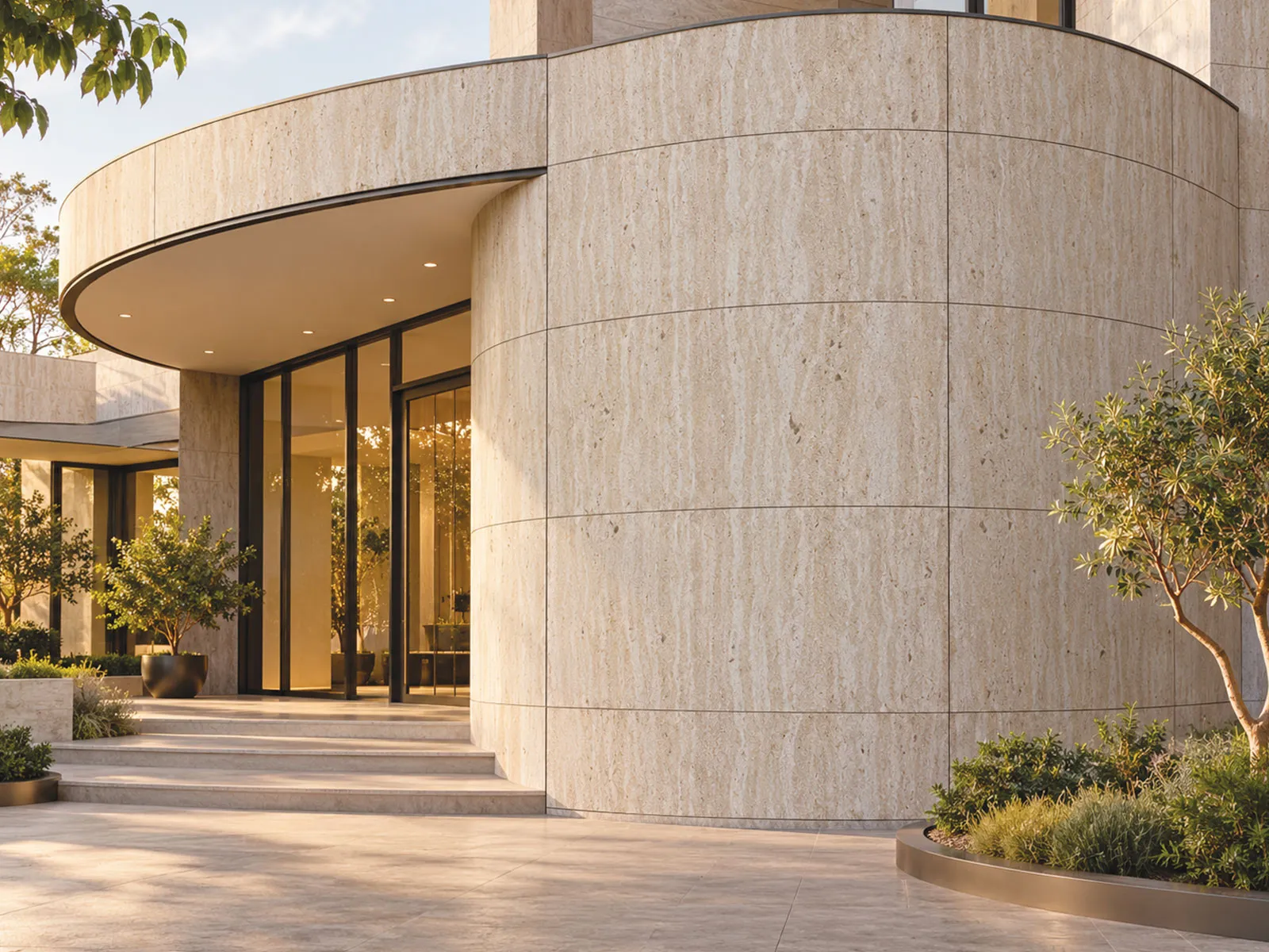 Natural stone veneer applied to a curved surface