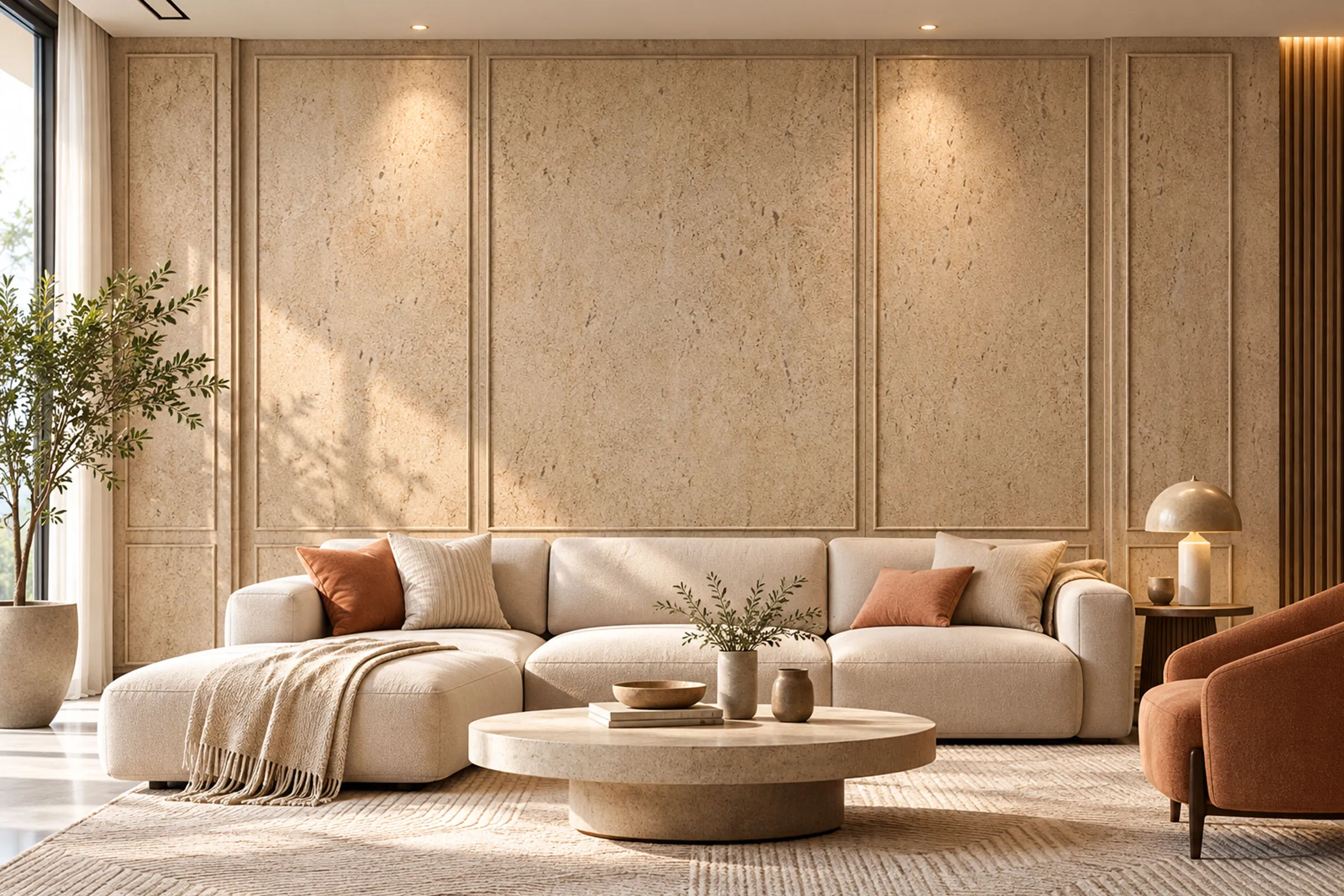 Living room with a warm stone veneer feature wall
