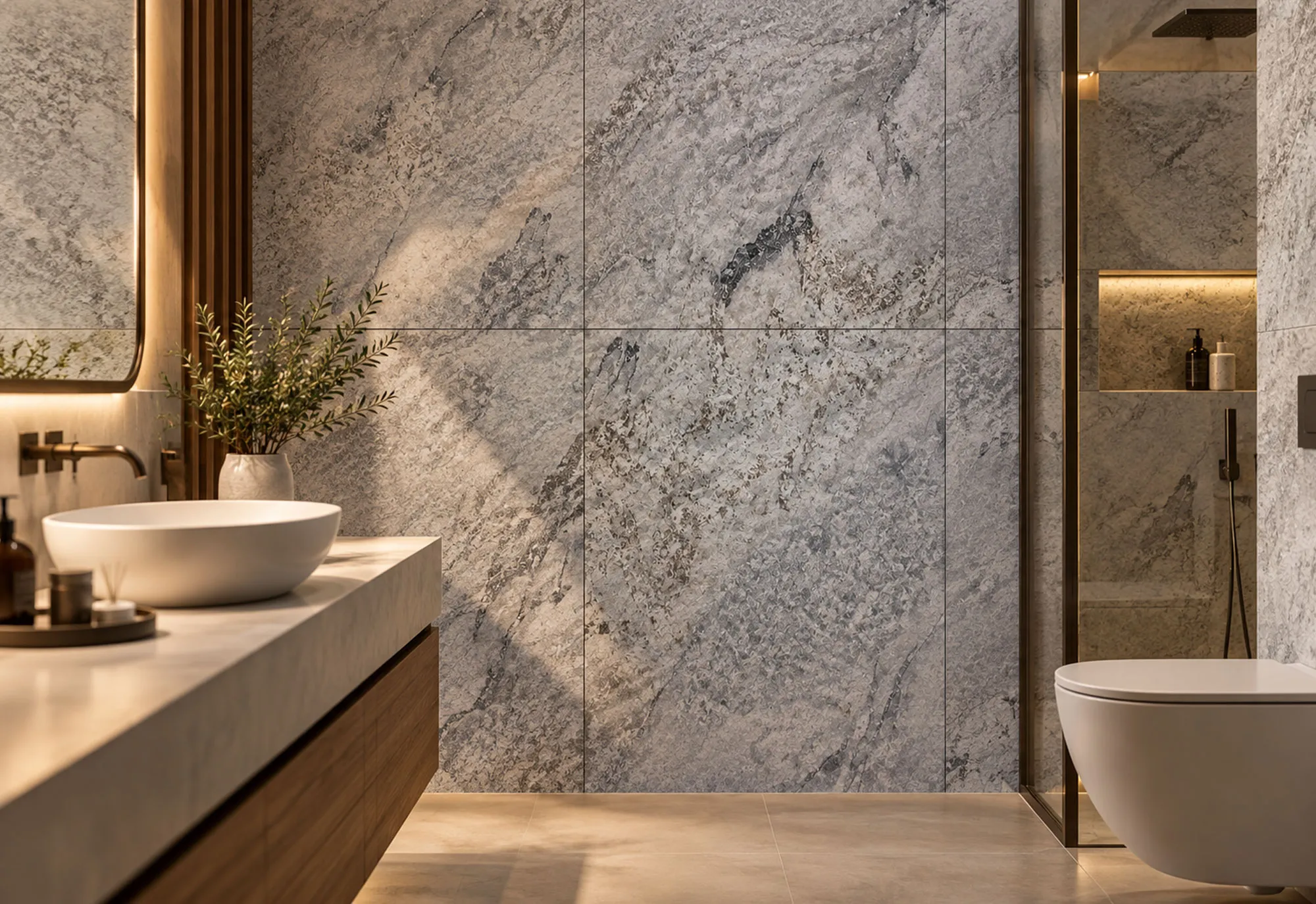 Bathroom with a natural stone veneer wall